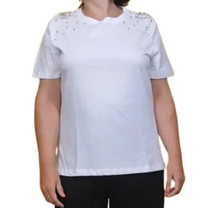 Camiseta blanca manga corta pedrería en hombros