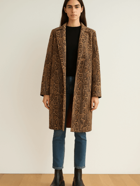 ABRIGO ESTAMPADO SERPIENTE, CUELLO ESMOQUÍN Y BOLSILLOS PLASTRÓN EN LOS LATERALES, LARGO TRES CUARTOS. TEJIDO ANTELINA FINO.