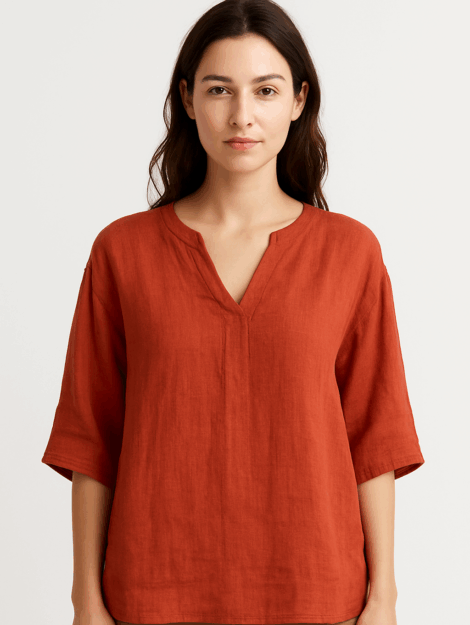 CAMISA TERRACOTA, MANGA FRANCESA, ESCOTE DE PICO.