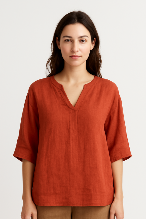 CAMISA TERRACOTA, MANGA FRANCESA, ESCOTE DE PICO.