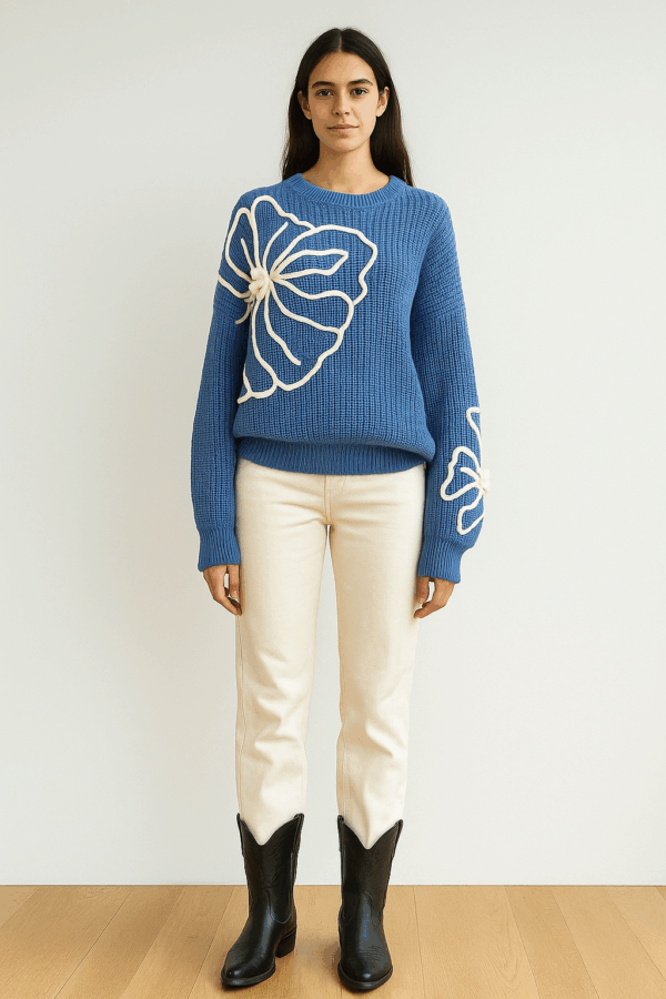 JERSEY DE PUNTO BOBO COLOR AZUL Y ESTAMPADO FLORAL BLANCO EN RELIEVE EN EL LATERAL DERECHO DEL PECHO Y EN LA MANGA IZQUIERDA