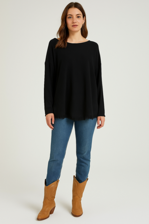 JERSEY FINO NEGRO, CUELLO REDONDO Y BAJO DESFLECADO