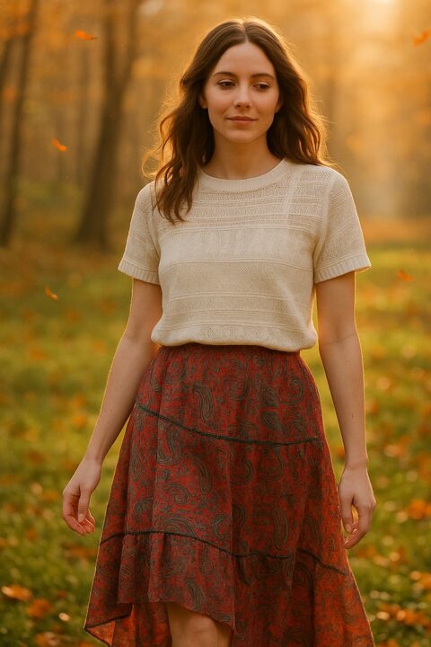 TOP DE PUNTO BLANCO CALADO, MANGA CORTA, ESCOTE REDONDO CERRADO.