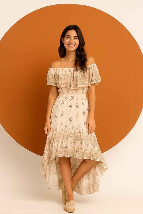 VESTIDO BLANCO ESCOTE BARDOT, CINTURA ENGOMADA, BAJO IRREGULAR MIDI POR DELANTE Y LARGO POR DETRÁS. DETALLES DE ESTAMPADO ÉTNICO EN DORADO