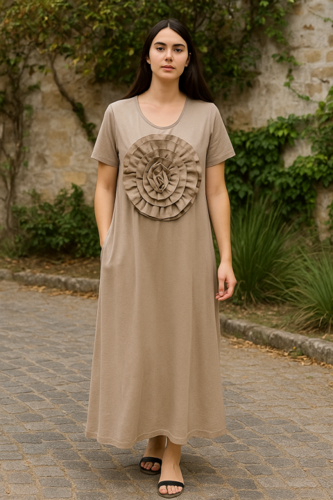 VESTIDO LARGO FLOR COLOR PIEDRA