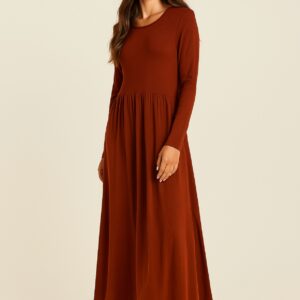 VESTIDO LARGO TERRACOTA, ESCOTE REDONDO, MANGA LARGA, EN DOS TIPOS DE TELA, CANALÉ HASTA LA CINTURA Y ALGODÓN POPELÍN DE CINTURA AL BAJO