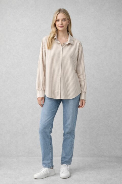 CAMISA DE RAYAS VERTICALES BEIGE Y BLANCO