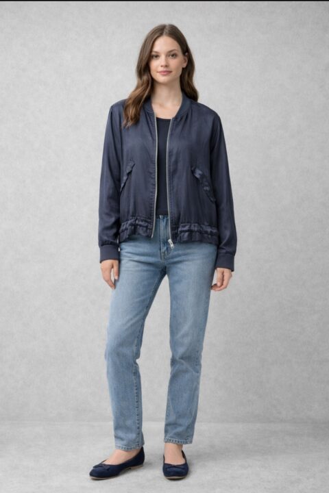 CAZADORA BOMBER EN RASO AZUL MARINO