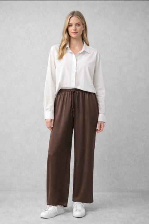 PANTALÓN PALAZZO COLOR MARRÓN CHOCOLATE. CINTURA ELÁSTICA. TALLA ÚNICA.